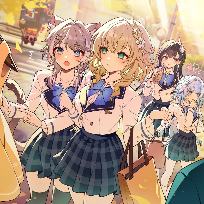 4girls, absurdres, aglaea_(honkai:_star_rail), alternate_costume, animal_ear_fluff, animal_ears, arm_hug, bag