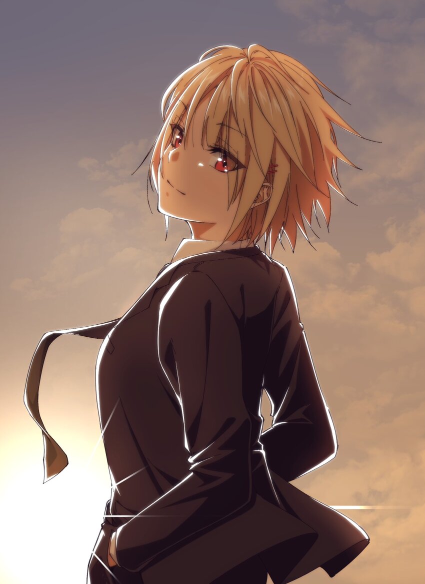 1girl, backlighting, black_jacket, black_necktie, black_suit, blonde_hair, closed_mouth, cloud