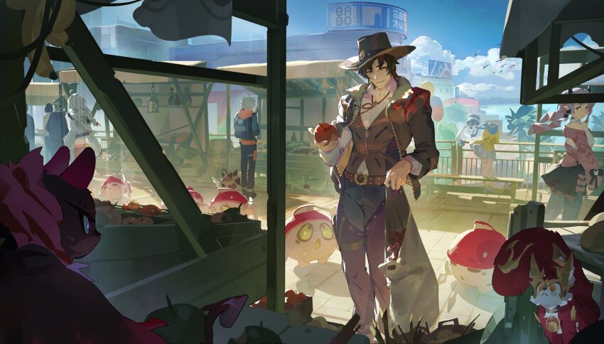 2boys, 3girls, apple, beaubeanie_(honkai:_nexus_anima), blue_hair, blue_sky, blurry, boots