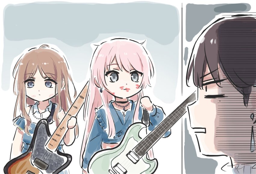 3girls, bang_dream!, bang_dream!_it's_mygo!!!!!, bass_guitar, bite_mark_on_cheek, black_choker, black_hair, blue_jacket