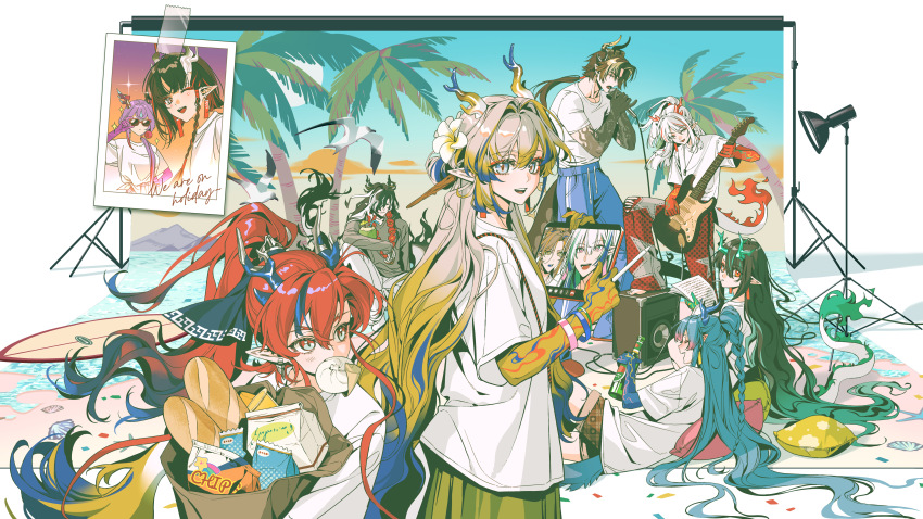 3boys, 4girls, absurdres, alcohol, amplifier, aqua_hair, arknights, arm_tattoo