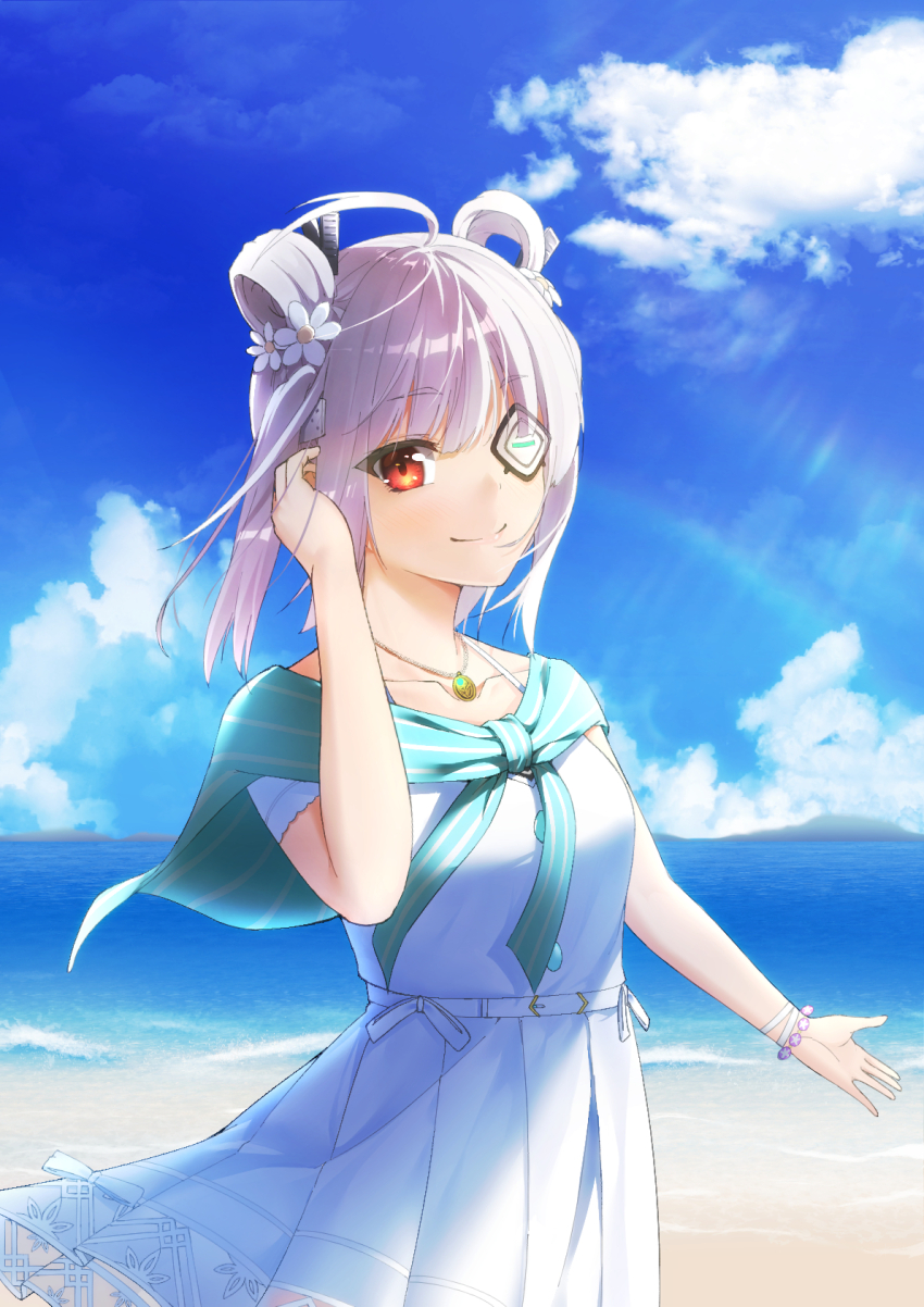 1girl, adjusting_hair, ahoge, blue_shawl, blue_sky, blunt_bangs, blush, bracelet