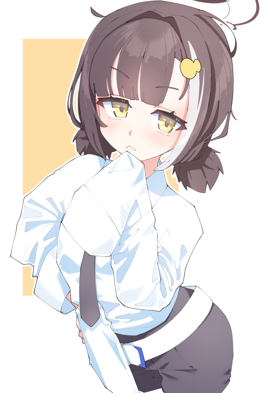 1girl, absurdres, belt, black_necktie, black_shorts, blue_archive, border, brown_hair