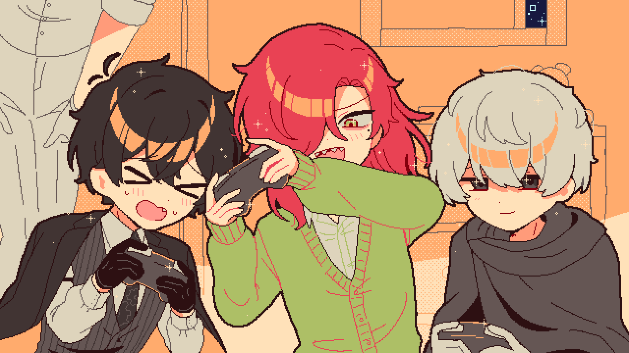 >_<, 4boys, :d, amano_mashiro, black_gloves, black_hair, black_jacket, blush