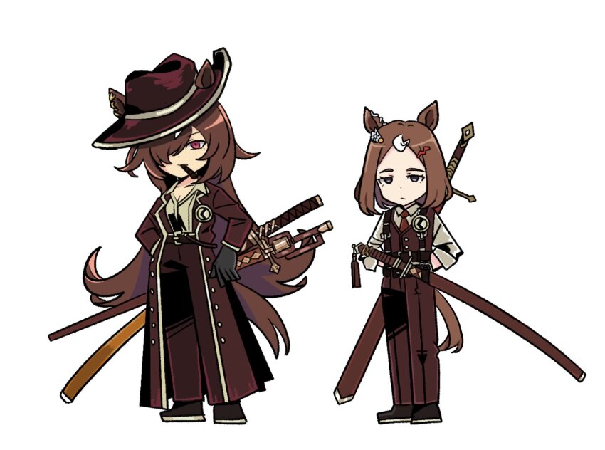 2girls, animal_ear_piercing, animal_ears, black_shoes, brown_hair, buttons, closed_mouth, commentary