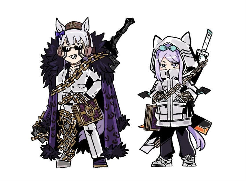 2girls, animal_ears, black_pants, blue_eyes, book, chain, coat, coat_on_shoulders