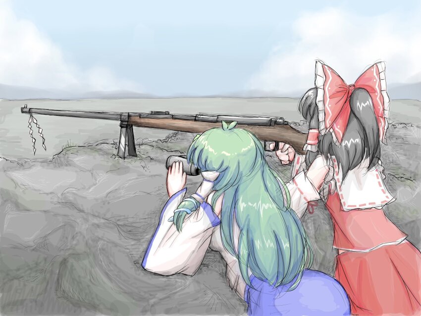 2girls, antenna_hair, anti-materiel_rifle, bare_shoulders, binoculars, black_hair, blue_skirt, blue_sky, blue_trim, bolt_action, bow, breasts, cloud, cloudy_sky, commentary, cowboy_shot, day, english_commentary, frilled_bow, frilled_hair_tubes, frills, frog_hair_ornament, from_behind, green_hair, gun, hair_bow, hair_ornament, hair_tubes, hakurei_reimu, hands_up, highres, holding, holding_binoculars, holding_gun, holding_weapon, kochiya_sanae, large_bow, long_hair, long_sleeves, mauser_tankgewehr_m1918, medium_breasts, medium_hair, multiple_girls, one_side_up, outdoors, red_bow, red_ribbon, red_skirt, red_trim, red_vest, ribbon, ribbon-trimmed_sleeves, ribbon_trim, rifle, skirt, skirt_set, sky, small_breasts, snake_hair_ornament, sniper_rifle, there2007, touhou, vest, weapon, white_sleeves, wide_sleeves