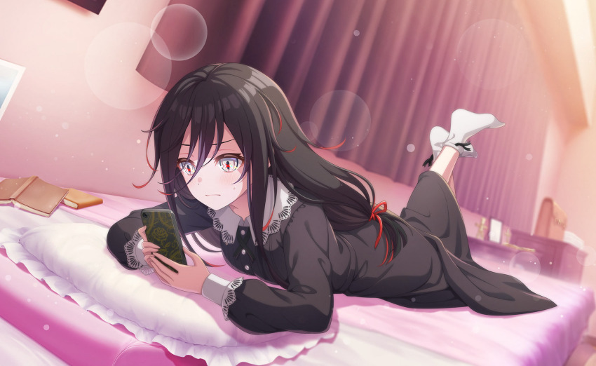 1girl, bed, black_dress, black_hair, blurry, book, commentary_request, depth_of_field