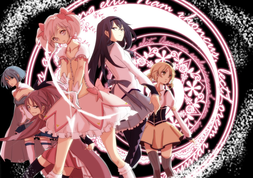 10s, 5girls, akemi_homura, akemi_homura_(magical_girl), bad_id, bad_pixiv_id, black_hair, black_legwear