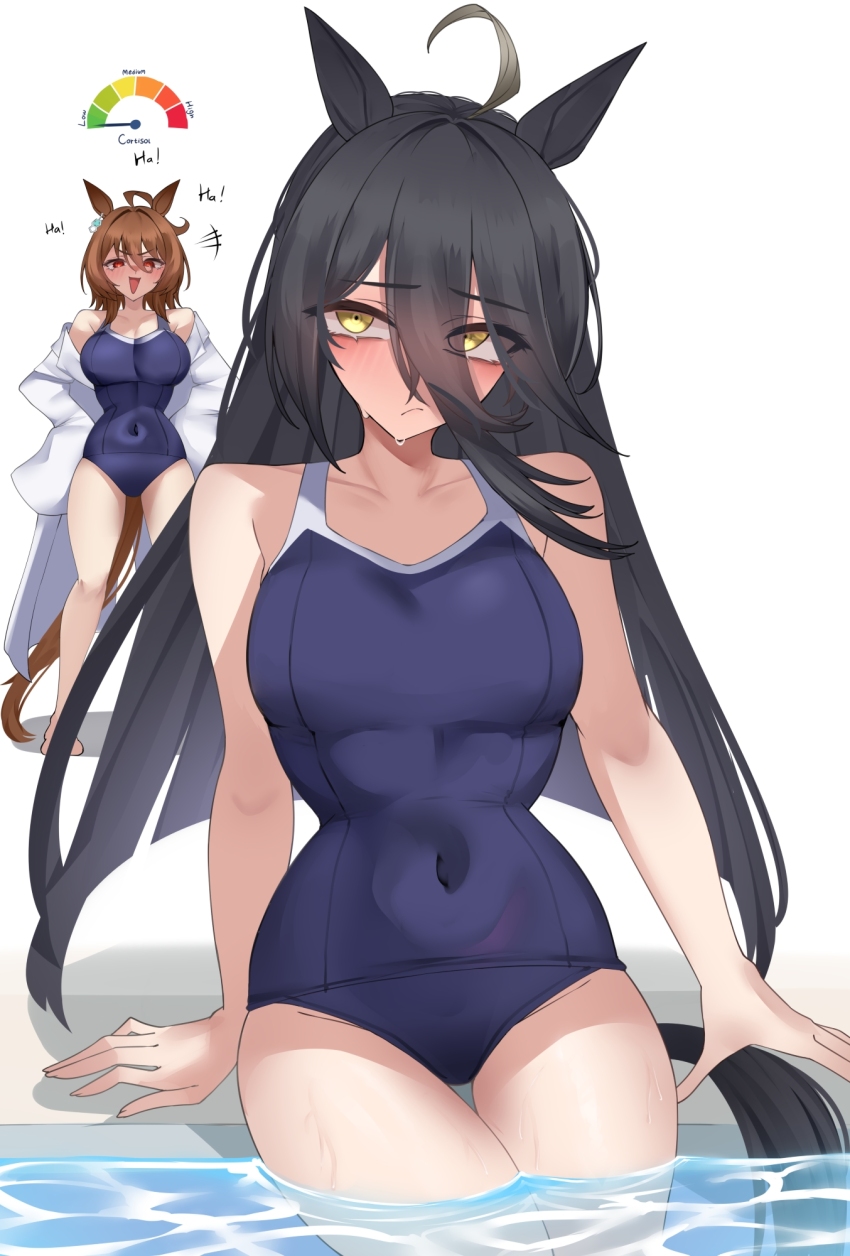 2girls, agnes_tachyon_(umamusume), ahoge, animal_ears, arm_support, black_hair, blue_one-piece_swimsuit, blush