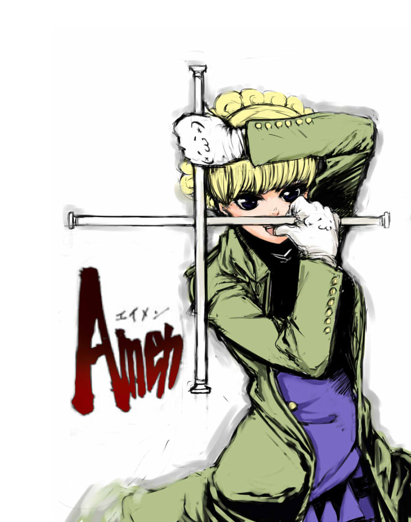 alexander_anderson_(cosplay), baton, blonde_hair, blue_eyes, cheerleader, cosplay, emoticon, gloves