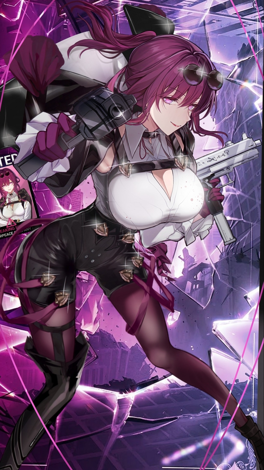 1girl, black_jacket, black_pantyhose, black_shorts, breasts, broken_glass, chest_harness, cleavage