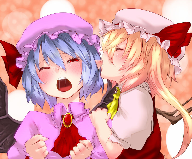 2girls, ascot, bat_wings, biting, biting_ear, blonde_hair, blue_hair, blush, clenched_hands, closed_eyes, eargasm, female_focus, fingernails, flandre_scarlet, hat, incest, light_purple_hair, multiple_girls, nail_polish, one_eye_closed, open_mouth, pointy_ears, red_eyes, remilia_scarlet, round_teeth, saliva, siblings, side_ponytail, sisters, soubi, teeth, touhou, uncommon_stimulation, wince, wings, yuri
