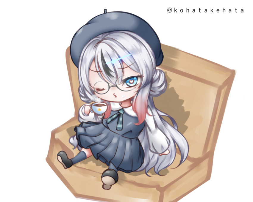 1girl, artist_name, azur_lane, beret, black_hair, black_shoes, blue_dress, blue_eyes