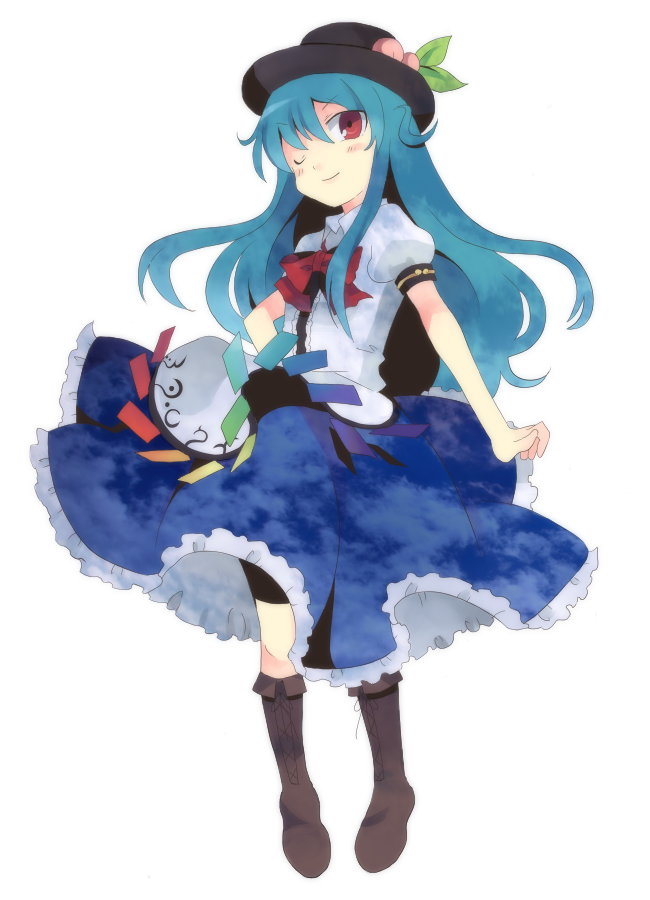 1girl, blue_hair, boots, female_focus, food, fruit, hat, hinanawi_tenshi
