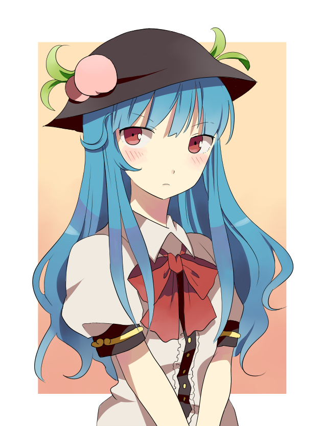 1girl, blue_hair, blush, female_focus, food, fruit, hat, hinanawi_tenshi