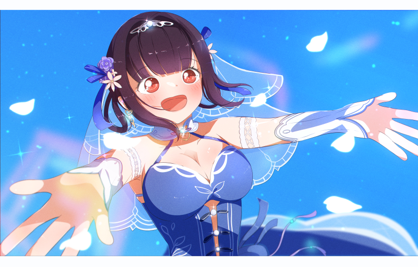 1girl, :d, absurdres, arm_strap, bare_shoulders, black_hair, blue_dress, blue_sky