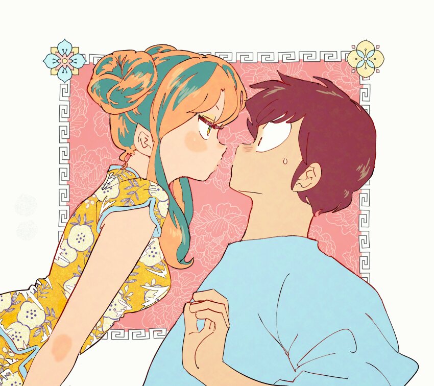 1boy, 1girl, absurdres, aqua_hair, blue_sweater, border, breasts, brown_hair