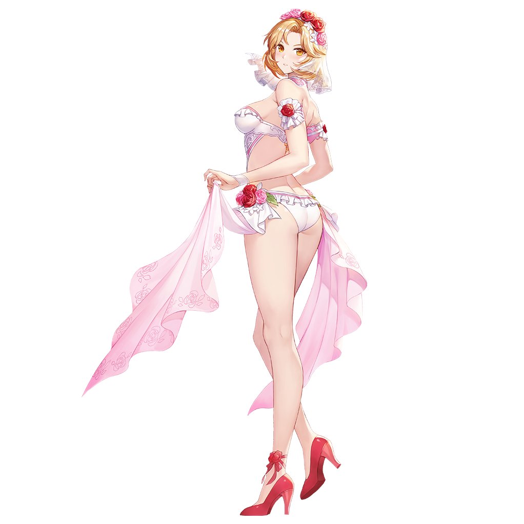 1girl, ankle_flower, ankle_ribbon, arm_garter, artist_request, backless_swimsuit, bare_legs, blonde_hair