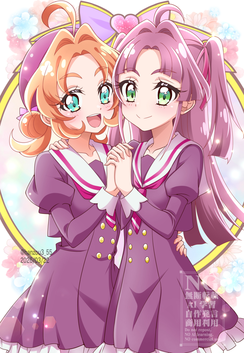 2girls, aged_up, ahoge, akechi_anna, bag, blush, breasts, brown_hair, buttons, closed_mouth, collared_shirt, commentary_request, fingernails, green_eyes, hair_between_eyes, hanzou, highres, holding, kobayashi_mikuru, long_hair, long_sleeves, looking_at_another, looking_at_viewer, makoto_mirai_academy_high_school_uniform, makoto_mirai_academy_middle_school_uniform, meitantei_precure!, multiple_girls, open_mouth, orange_eyes, precure, puffy_sleeves, school_bag, school_uniform, shirt, small_breasts, smile, watermark, white_shirt
