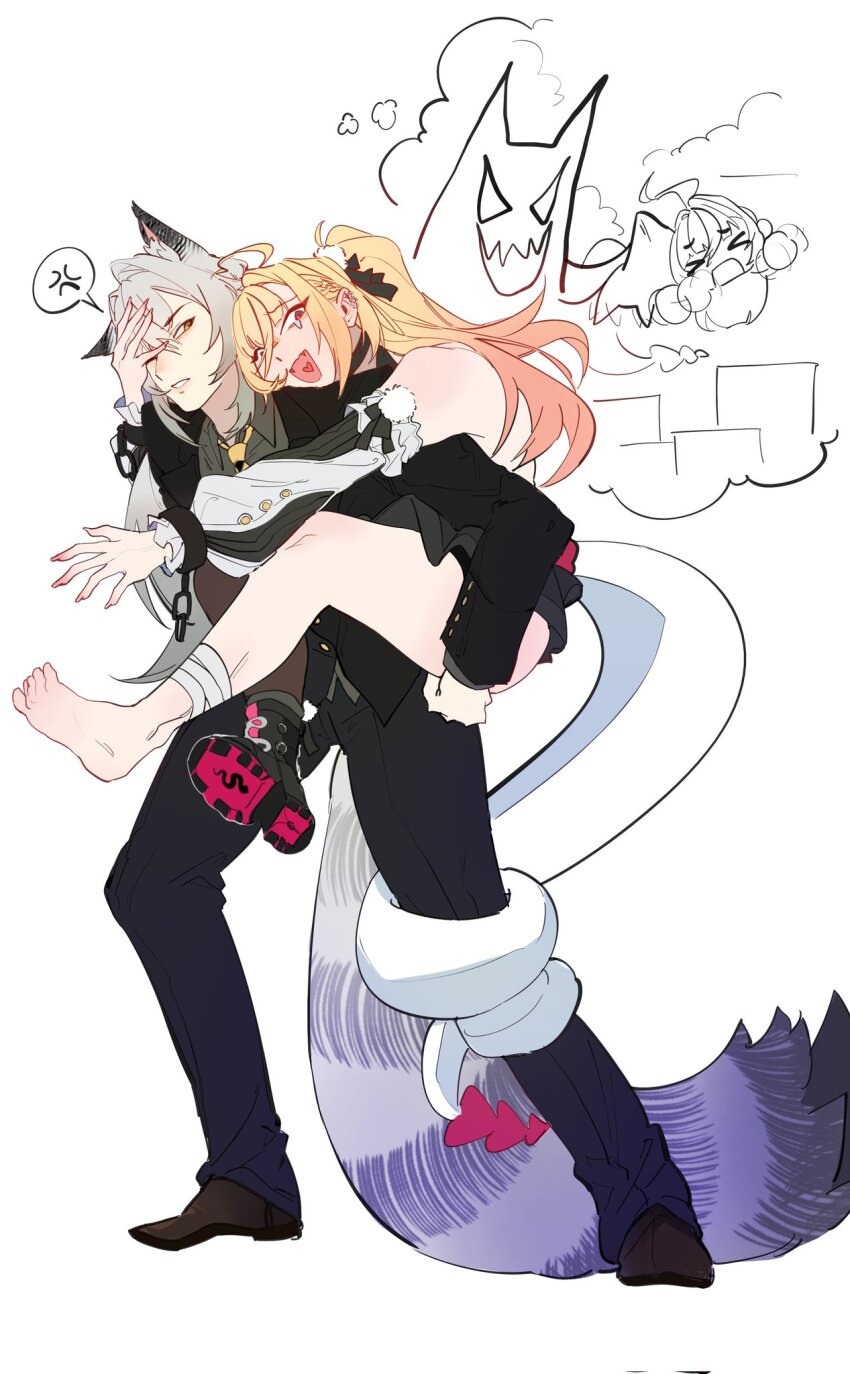 1boy, 1girl, anger_vein, animal_ears, bandaged_leg, bandages, bare_shoulders, barefoot