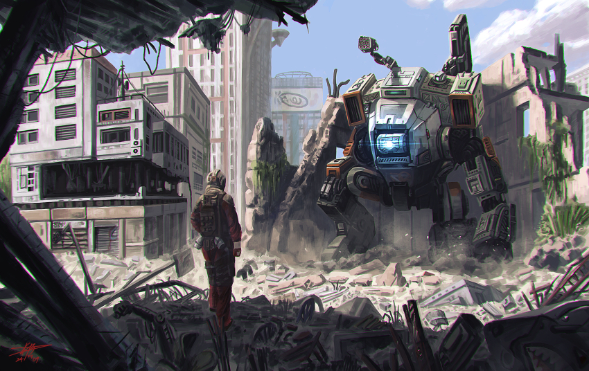 absurdres, bt-7274, city, debris, glowing, glowing_eye, highres, jack_cooper, mecha, missile_pod, nibkuna, one-eyed, photoshop_(medium), respawn_entertainment, reverse-jointed_legs, robot, science_fiction, thrusters, titan_(titanfall), titanfall_(series), titanfall_2, vanguard_(titanfall_2), xo_chaingun