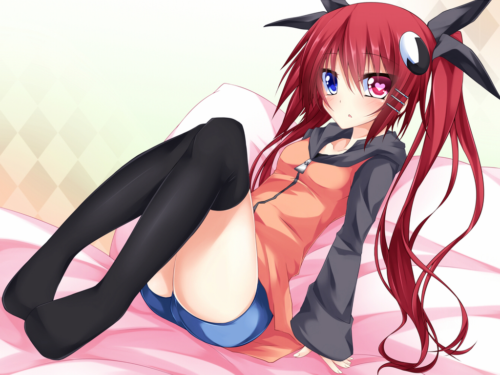 1girl, :<, bed, blue_eyes, blush, francesca_alberti, hair_ornament, hair_ribbon, heart, heterochromia, hood, hoodie, open_mouth, original, pillow, red_eyes, red_hair, ribbon, shorts, sitting, suterii, symbol-shaped_pupils, thighhighs, twintails