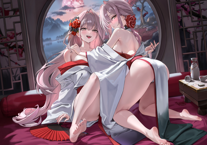 2girls, absurdres, ass, barefoot, bottle, breasts, choko_(cup), cloud, commentary_request, cup, evening, feet, flower, full_moon, goddess_of_victory:_nikke, grey_hair, hair_flower, hair_intakes, hair_ornament, hand_on_another's_shoulder, highres, hu_unmin, incest, indoors, japanese_clothes, kimono, large_breasts, long_hair, looking_at_viewer, moon, mountainous_horizon, multiple_girls, nail_polish, official_alternate_costume, open_mouth, panties, red_flower, red_rose, rose, rose_(nikke), sake_bottle, scarlet_(black_shadow)_(longing_flower)_(nikke), scarlet_(nikke), siblings, sideboob, sisters, smile, soles, toes, tree, underwear, very_long_hair, white_kimono, white_panties, window, yuri