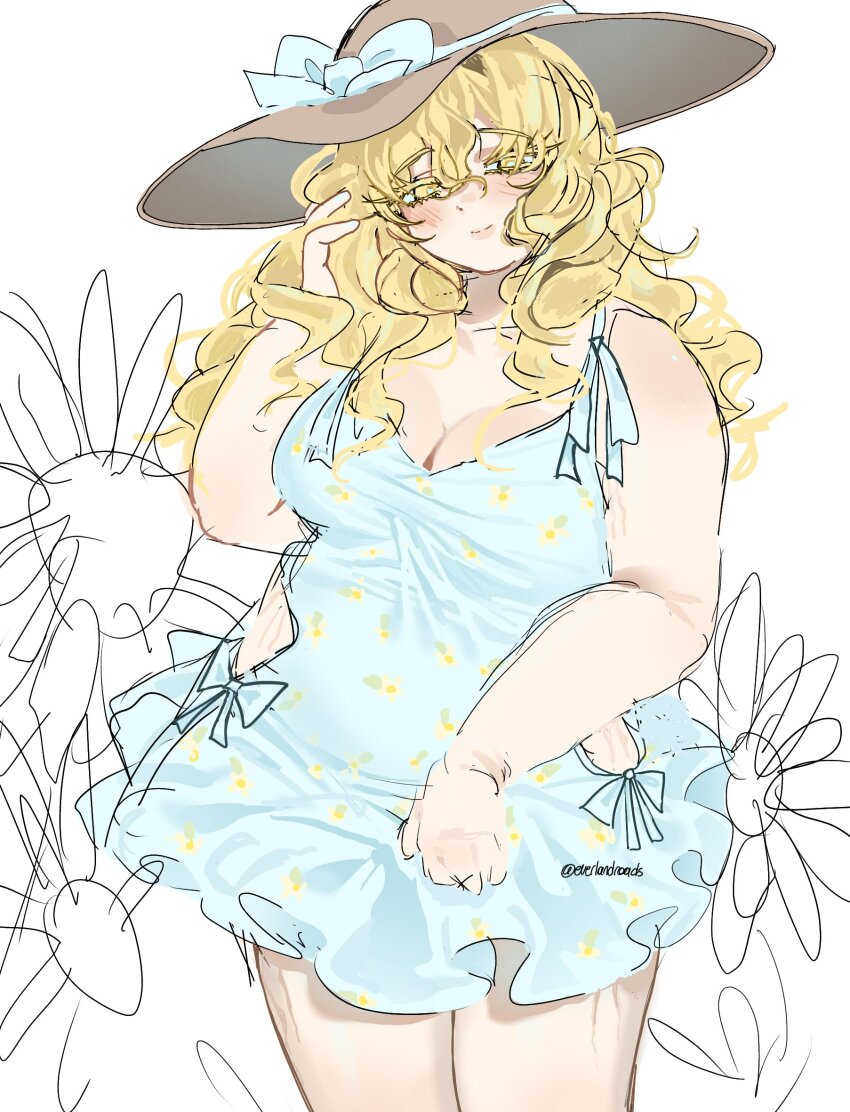 1girl, alien_stage, blonde_hair, borrowed_design, breasts, brown_hat, cleavage, colored_eyelashes