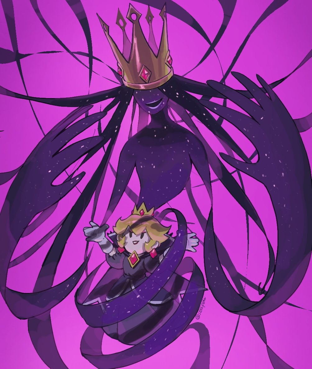 1girl, arms_up, blonde_hair, brooch, crown, dress, dual_persona, earrings