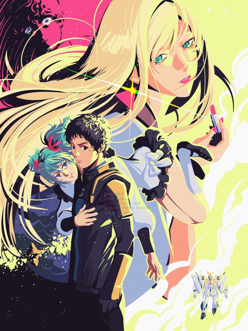 1boy, 2girls, amuro_ray, aqua_hair, artist_name, black_hair, black_jacket, black_shoes