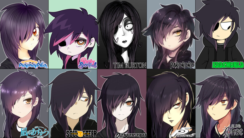 1girl, 2000s_(style), bags_under_eyes, black_hoodie, commentary, copyright_logo, copyright_name, danganronpa_(series)