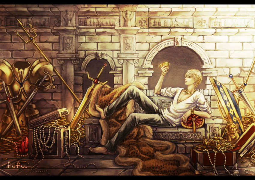 1boy, armor, barefoot, blonde_hair, bracelet, breastplate, cup, fate/stay_night, fate/zero, fate_(series), fufu_(dewkaede), gilgamesh_(fate), jewelry, male_focus, necklace, official_alternate_costume, pants, polearm, reclining, shield, shirt, short_hair, signature, solo, spear, sword, treasure, treasure_chest, trident, v-neck, watermark, weapon