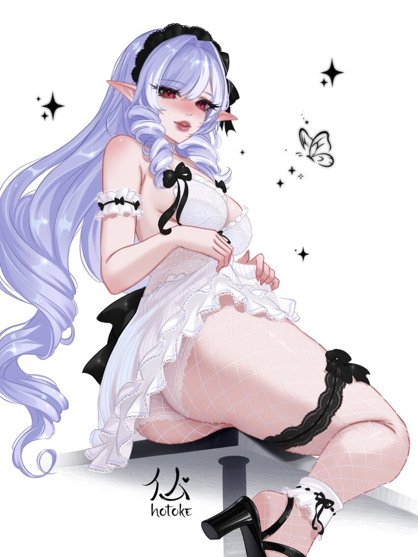 1girl, alternate_costume, arm_garter, artist_name, ass, bare_shoulders, black_hairband, black_shoes, bra, breasts, bug, butterfly, cleavage, commentary, drill_hair, drill_sidelocks, english_commentary, fishnet_pantyhose, fishnets, hair_intakes, hairband, highres, hotokeshiz, insect, long_hair, looking_at_viewer, medium_breasts, mole, mole_under_eye, on_table, open_mouth, panties, pantyhose, pointy_ears, purple_hair, red_eyes, shoes, sidelocks, sitting, skirt, solo, sparkle, table, underwear, vivian_banshee, white_background, white_bra, white_panties, white_skirt, zenless_zone_zero