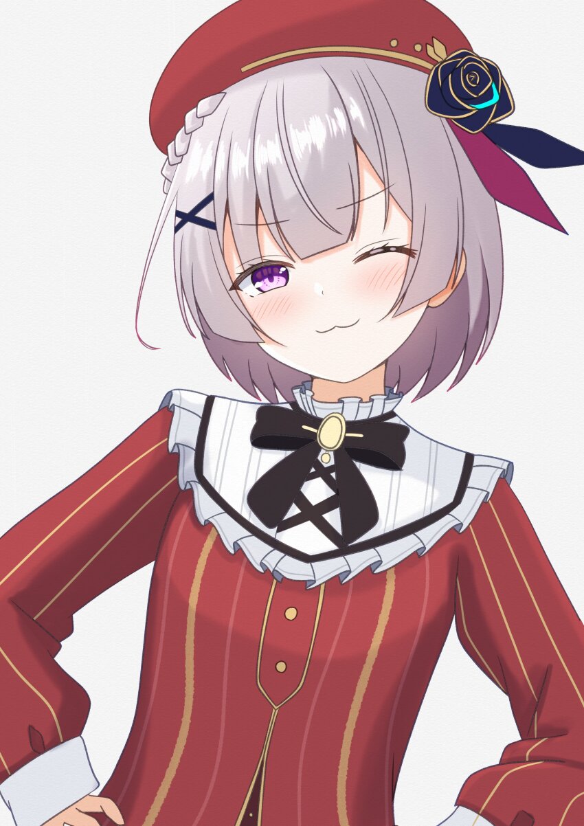 1girl, ;3, absurdres, beret, black_bow, black_bowtie, black_flower, black_ribbon, black_rose, blunt_bangs, blush, bow, bowtie, braid, closed_mouth, collar, cowlick, dress, flower, frilled_collar, frills, grey_hair, hair_flower, hair_ornament, hair_ribbon, hands_on_own_hips, hat, heaven_burns_red, highres, looking_at_viewer, luck_hebuban, minase_sumomo, minase_sumomo_(precious_smile), official_alternate_costume, official_alternate_hairstyle, one_eye_closed, purple_eyes, red_dress, red_hat, red_ribbon, ribbon, rose, short_hair, simple_background, single_braid, sleeves_past_wrists, smile, smug, solo, striped_clothes, striped_dress, twitter_username, upper_body, v-shaped_eyebrows, vertical-striped_clothes, vertical-striped_dress, white_background