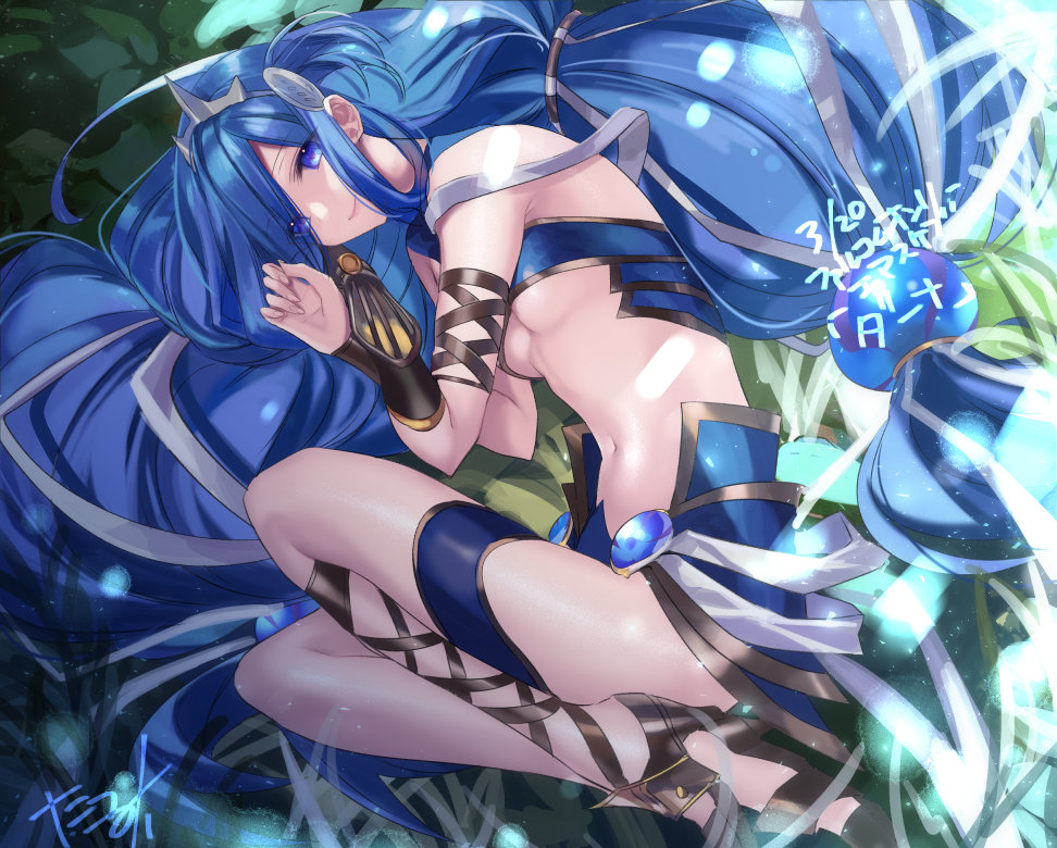 1girl, absurdly_long_hair, blue_eyes, blue_hair, breasts, closed_mouth, commentary_request, dana_iclucia