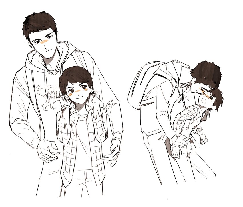 2boys, absurdres, age_difference, backpack, bag, blush, brothers, brown_hair, collared_shirt, commentary_request, daniel_diaz, grabbing_from_behind, highres, hood, hoodie, incest, korean_commentary, life_is_strange_(series), life_is_strange_2, long_sleeves, male_focus, monochrome, multiple_boys, multiple_views, sean_diaz, shirt, short_hair, siblings, spot_color, underwor1dhuman, white_background, yaoi