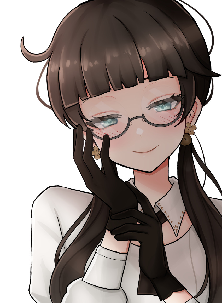 1girl, absurdres, accord, black_gloves, black_necktie, blunt_bangs, blush, brown_hair