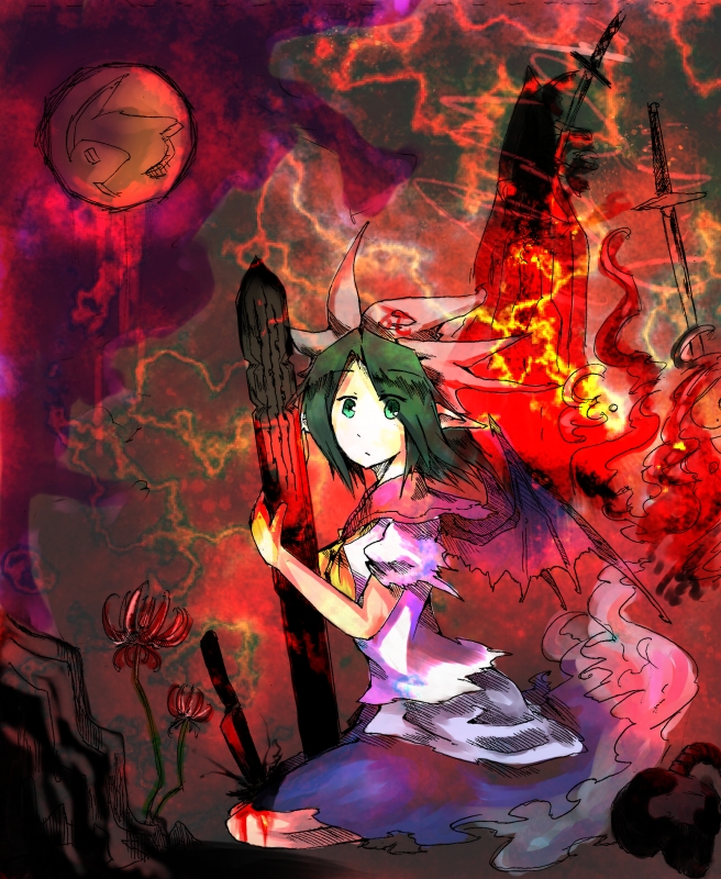 1girl, blood, blush, capelet, female_focus, flower, full_moon, ghost