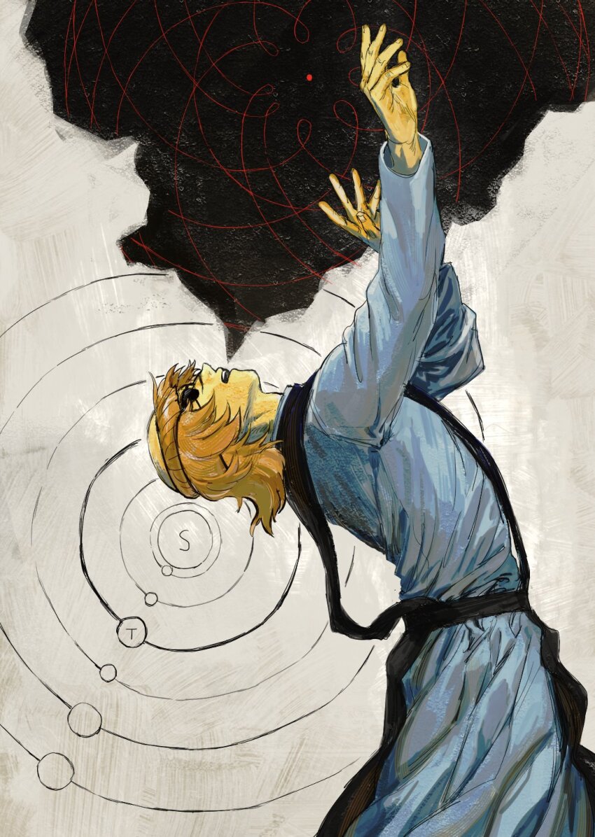 1boy, arms_up, badeni, black_tabard, blonde_hair, chi.:_chikyuu_no_undou_ni_tsuite, commentary_request, eyepatch, geocentrism, grey_background, heliocentrism, highres, long_sleeves, male_focus, medium_hair, open_mouth, scar, scar_on_face, scar_on_nose, solar_system, solo, standing, tabard, tonsure, y1qusnzdns83374