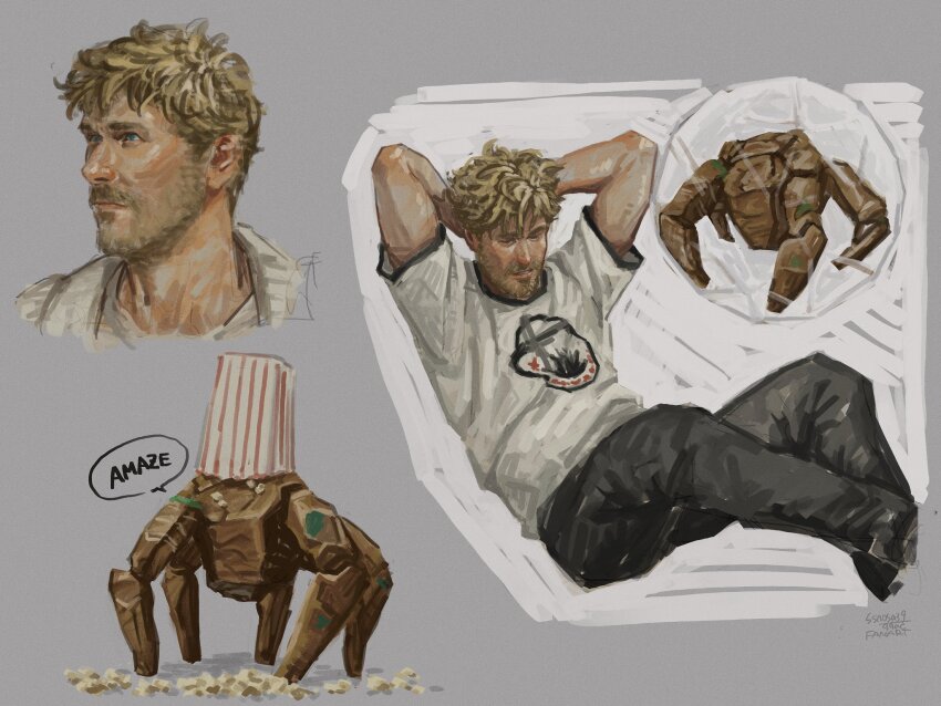 1boy, alien, beard, beard_stubble, blonde_hair, casual, commentary_request, facial_hair, highres, male_focus, messy_hair, project_hail_mary, rocky_(project_hail_mary), ryland_grace, shirt, ssns_dot, stubble, white_shirt