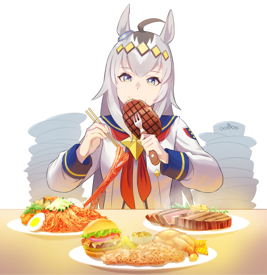 1girl, ahoge, animal_ears, blue_eyes, blue_sailor_collar, bowl_stack, brooch, burger