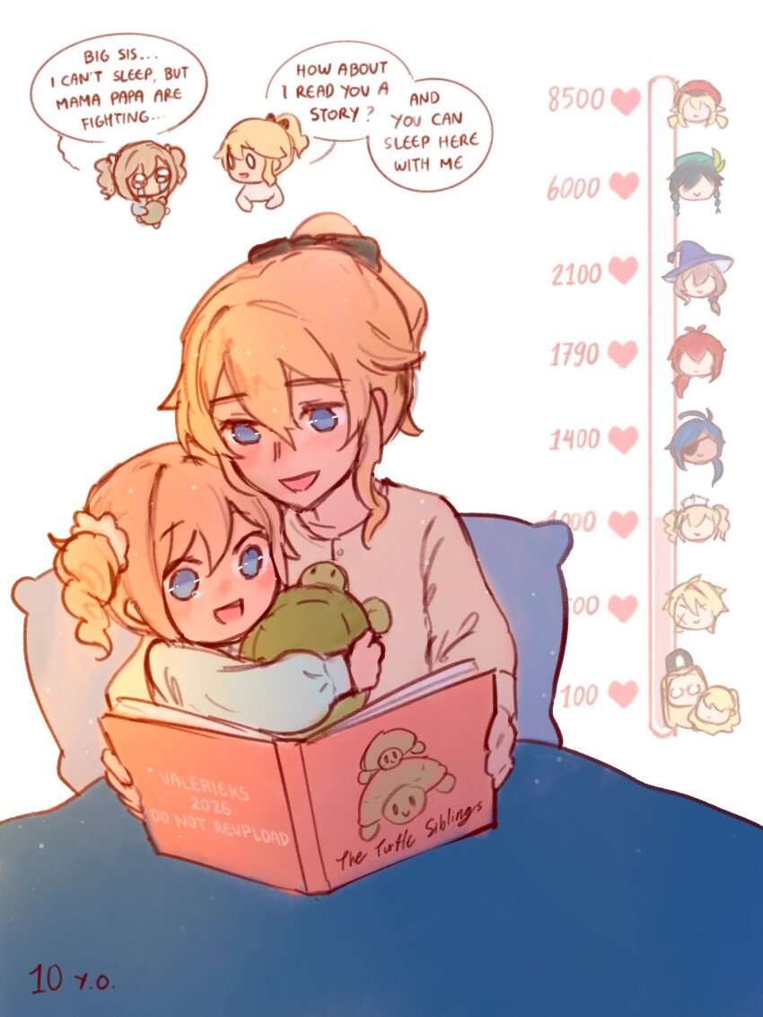 0_0, 5boys, 5girls, aged_down, ahoge, antenna_hair, barbara_(genshin_impact), bed, beret, black_hair, blonde_hair, blue_eyes, blue_hair, blush, book, bow, braid, brothers, brown_hair, children's_book, commentary, cross_scar, crying, dark-skinned_male, dark_skin, diluc_(genshin_impact), drill_hair, english_commentary, english_text, eyepatch, facial_scar, flower, frederica_gunnhildr, genshin_impact, gradient_hair, green_hat, hair_between_eyes, hair_bow, hair_ornament, hat, hat_belt, hat_flower, head_only, highres, hugging_doll, hugging_object, jean_(genshin_impact), kaeya_(genshin_impact), klee_(genshin_impact), like_and_retweet, lisa_(genshin_impact), long_hair, low_ponytail, low_twintails, multicolored_hair, multiple_boys, multiple_girls, multiple_scars, newsboy_cap, one_eye_covered, open_mouth, pajamas, parent_and_child, pillow, pointy_ears, ponytail, purple_hat, reading, reading_together, red_hair, red_hat, scar, scar_on_cheek, scar_on_face, seamus_pegg, short_hair, short_hair_with_long_locks, siblings, side_braids, sidelocks, sisters, sleepwear, smile, step-siblings, streaming_tears, stuffed_toy, tears, turtle, twin_braids, twin_drills, twintails, valerieks, varka_(genshin_impact), venti_(genshin_impact), white_background, witch, witch_hat