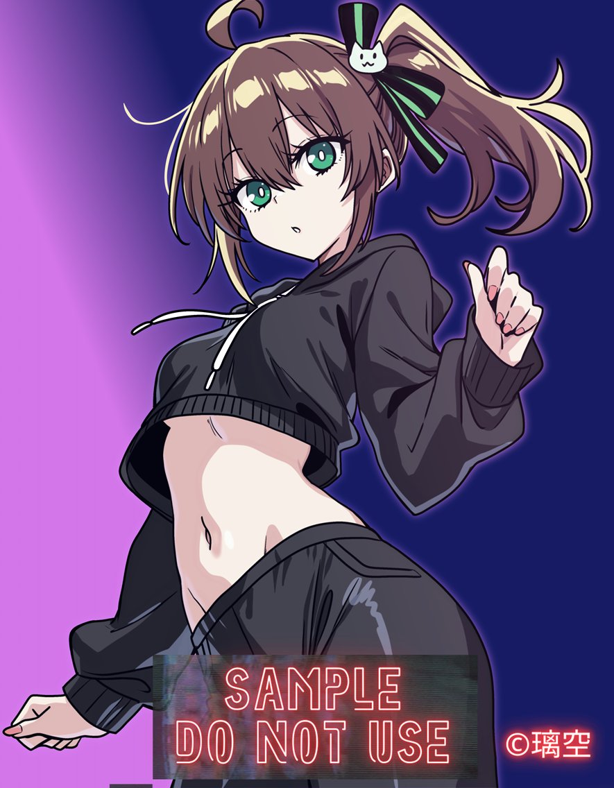 1girl, black_pants, breasts, crop_top, green_eyes, hololive, looking_at_viewer, natsuiro_matsuri