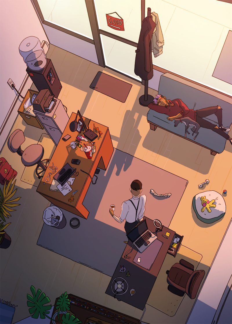 2boys, animal, beard_stubble, chair, coffee_mug, computer, couch, cup