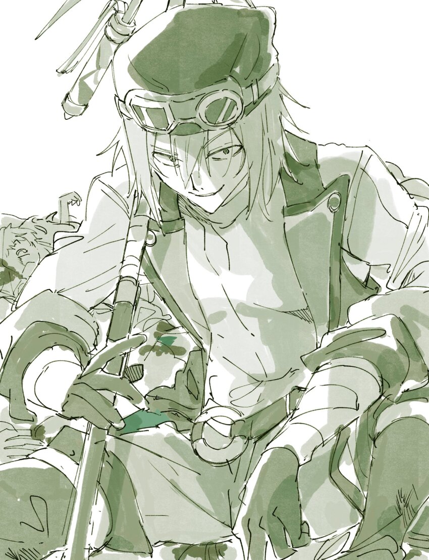 1boy, bandana, gloves, goggles, goggles_on_head, hair_between_eyes, highres, holding