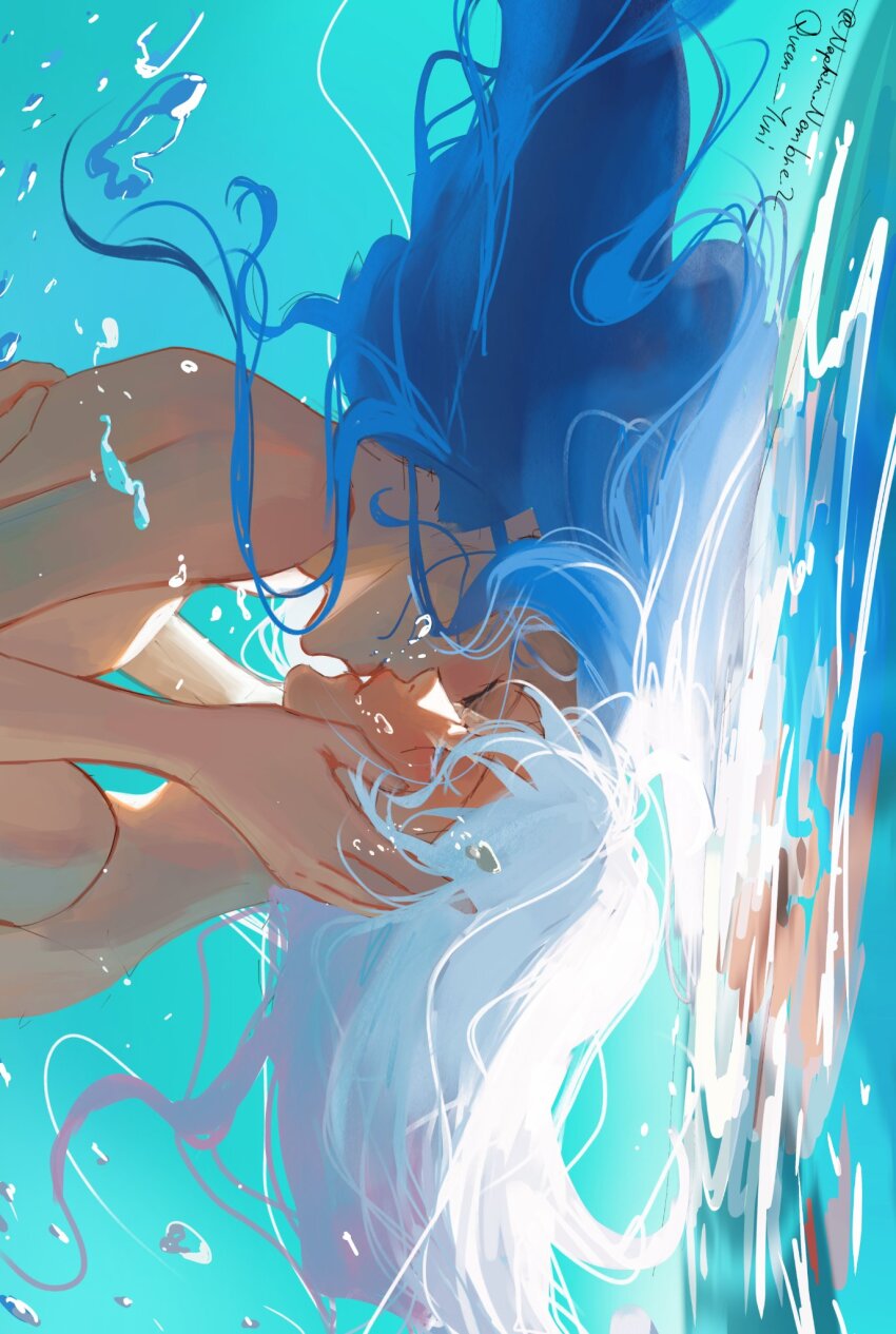 2girls, blue_background, blue_hair, closed_eyes, commentary, highres, honkai_(series), honkai_gakuen