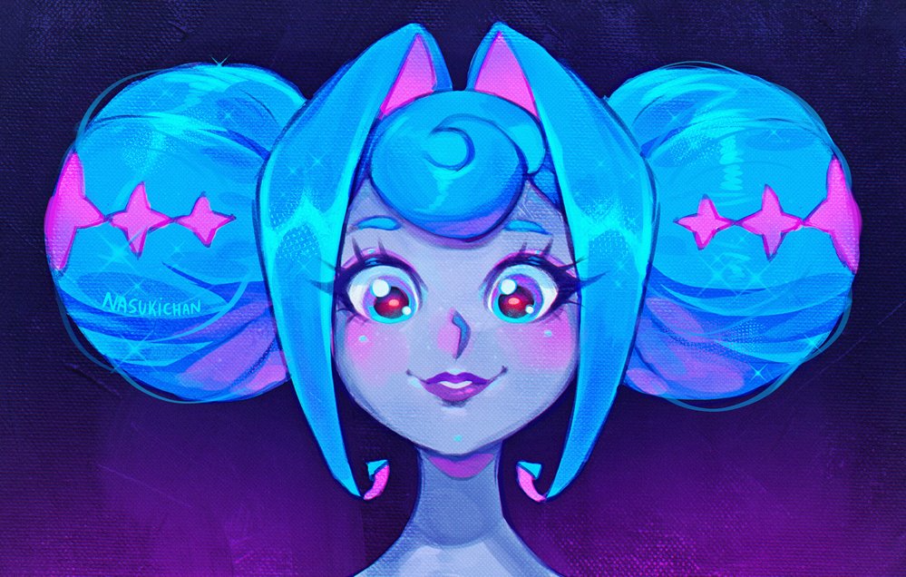 1girl, bare_shoulders, blue_eyes, blue_hair, colored_skin, double_bun, dress, glitch_productions