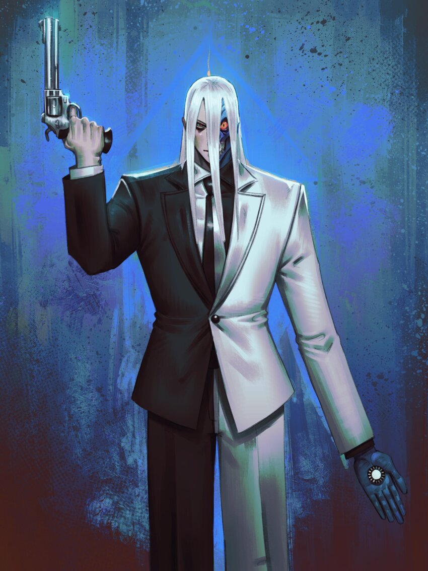 1boy, absolute_batman, absolute_dc, absurdres, coin, commentary, contrast, dc_comics, english_commentary, exposed_muscle, gun, handgun, highres, jacket, male_focus, mismatched_sclera, multicolored_jacket, multicolored_suit, polar_opposites, revolver, solo, split_theme, two-face, two-face_(absolute_dc), two-tone_jacket, two-tone_shirt, v_moonstar, weapon