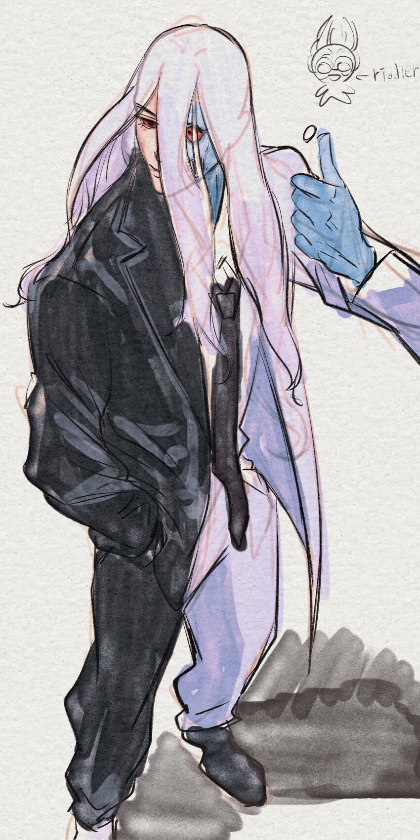 1boy, absolute_batman, absolute_dc, absurdres, batman_(series), ch1sbu, coin, commentary_request, contrast, dc_comics, highres, jacket, korean_commentary, long_hair, male_focus, multicolored_jacket, multicolored_suit, polar_opposites, split_theme, two-face_(absolute_dc), two-tone_jacket, two-tone_shirt, white_hair